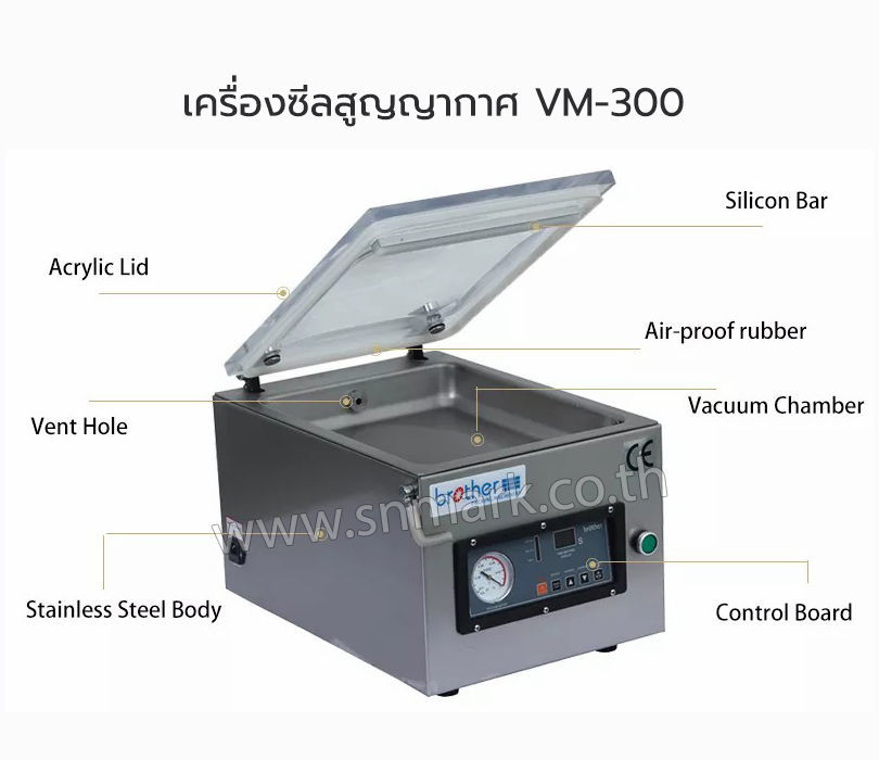 เครื่องซีลสูญญากาศ (vacuum packing machine) VM-300 ตั้งได้ 10 โปรแกรม แพ็คสูญญากาศอาหาร อุปกรณือิเลคทรอนิคส์ อะไหล่รถยนต์ เป็นตัน รับประกัน 1ปี